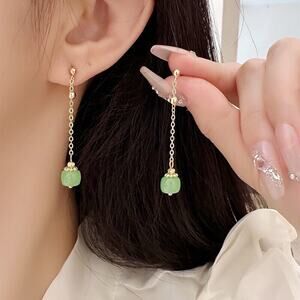 Green Stone Chain‎ Dangly Stud Earrings Gold Tone Classic Pendant Dainty
